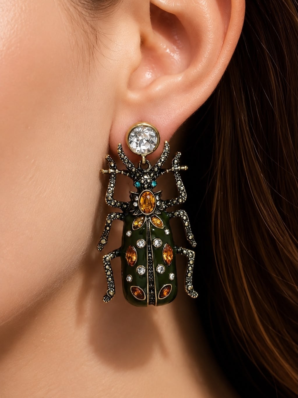 Gold and Green Beetle Drop Earrings - Designer Statement Jewelry - Picture 5 of 8